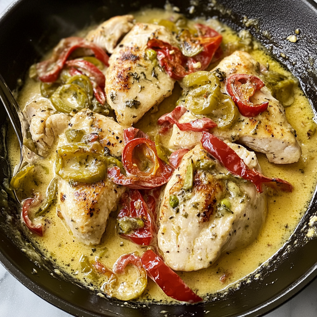 Recipe preparation for Creamy Pepperoncini Chicken Skillet