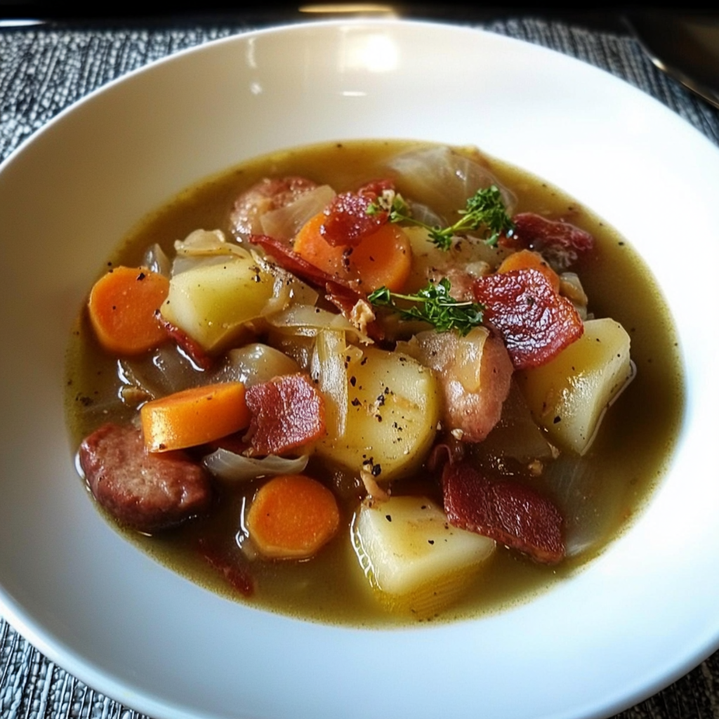 Recipe preparation for Irish Beef Bacon, Cabbage, and Potato Soup
