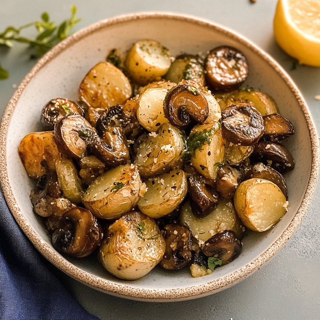 Recipe preparation for Pan Roasted Garlic Mushroom and Baby Potatoes