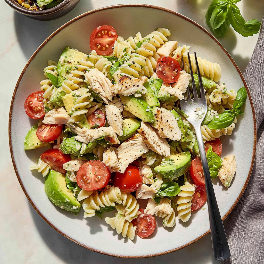 Recipe preparation for Healthy Chicken Pasta Salad with Avocado, Tomato