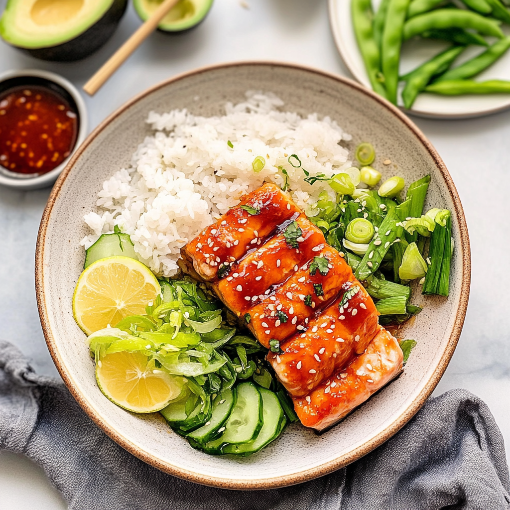 Recipe preparation for Spicy Sriracha Honey Salmon Bowl Recipe