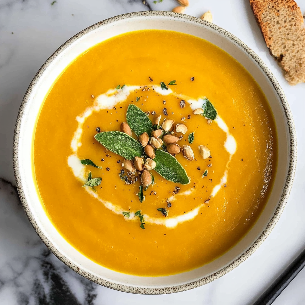 Recipe preparation for pumpkin soup with sage brown butter