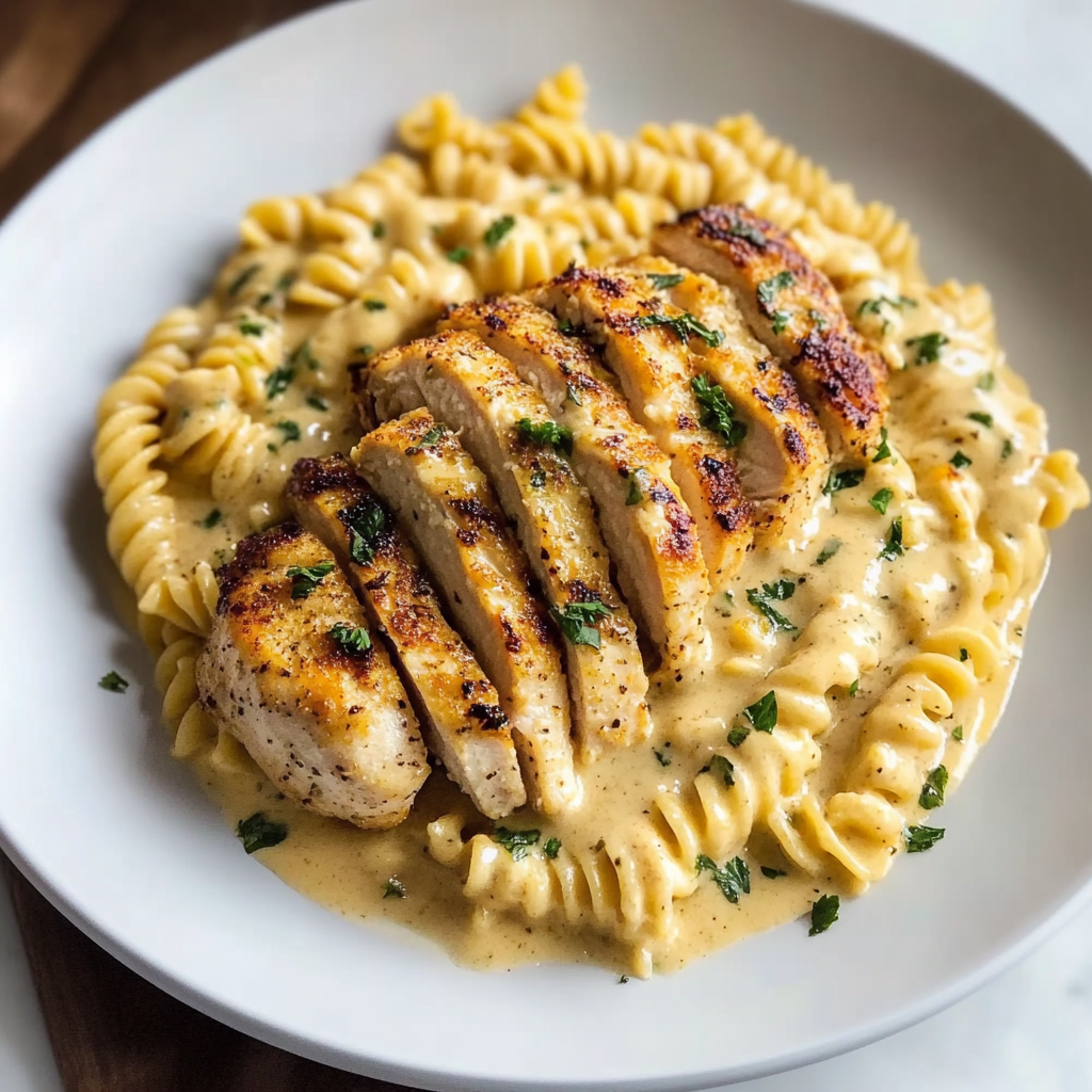 Recipe preparation for Creamy Garlic Parmesan Chicken with Cheesy Twisted Pasta