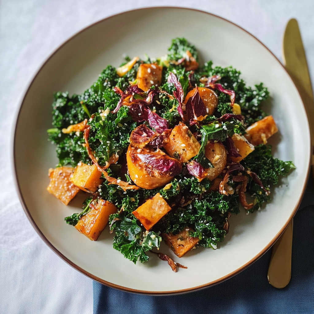 Recipe preparation for Kale & Roasted Yam Salad