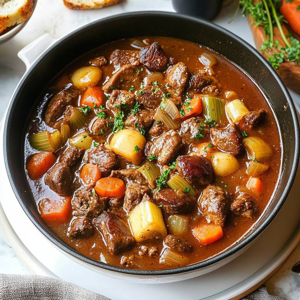 Recipe preparation for Beef or Game Meat Stew with Leeks & Mushrooms