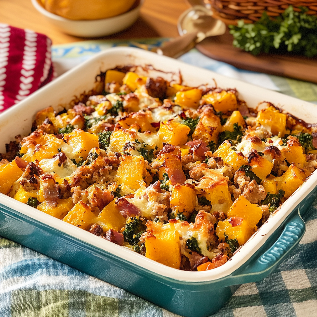 Recipe preparation for Cozy Butternut Squash & Sausage Casserole