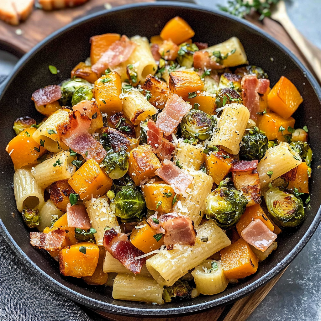 Recipe preparation for Bacon, Brussels Sprouts, Butternut Squash Pasta
