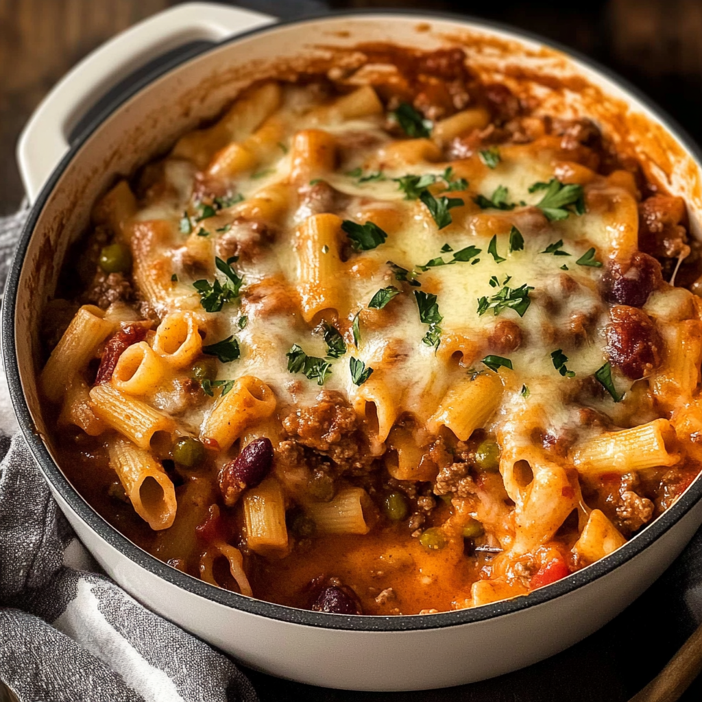 Recipe preparation for Cheesy Chili Pasta
