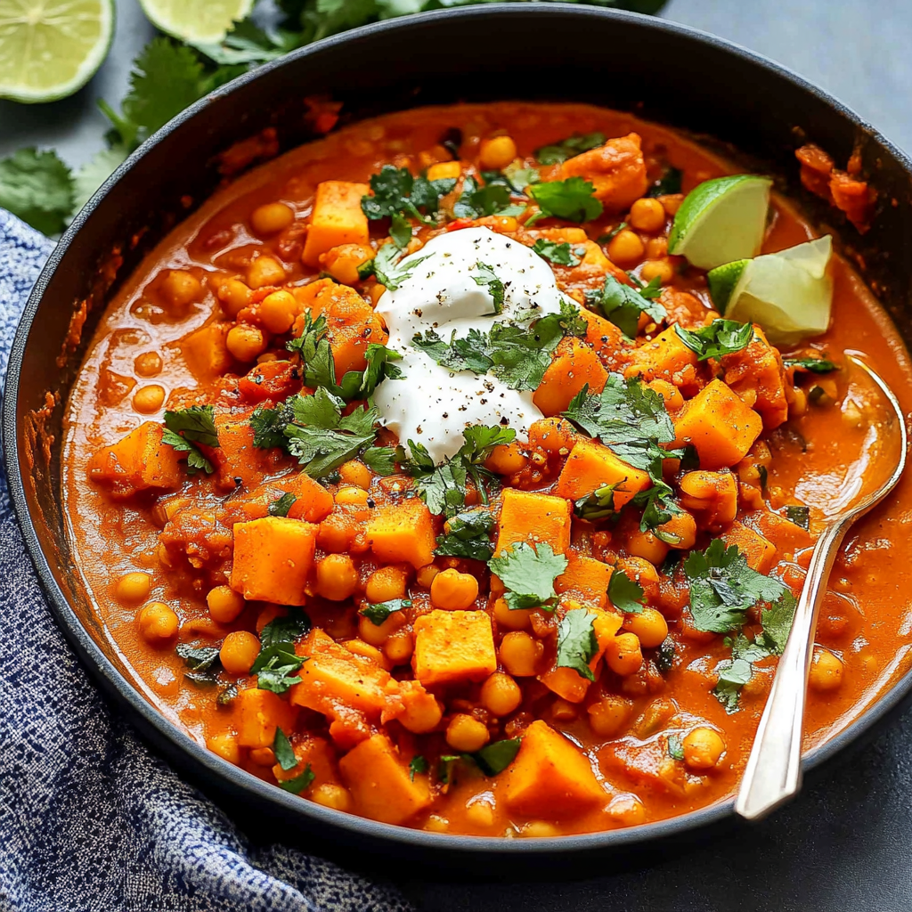 Recipe preparation for Coconut Milk Chili with Sweet Potato and Chickpeas