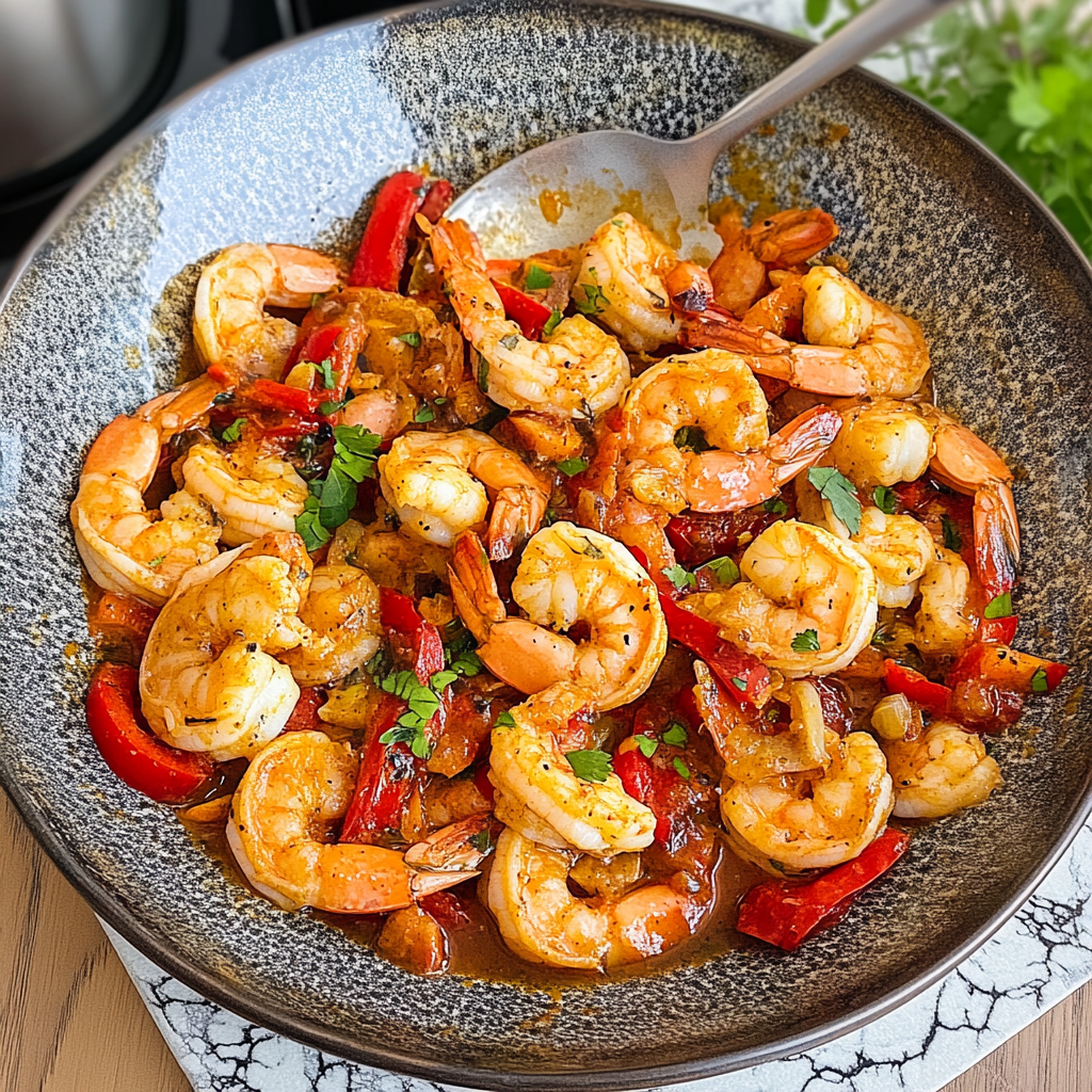 Recipe preparation for Chili Garlic Shrimp with Rainbow Peppers
