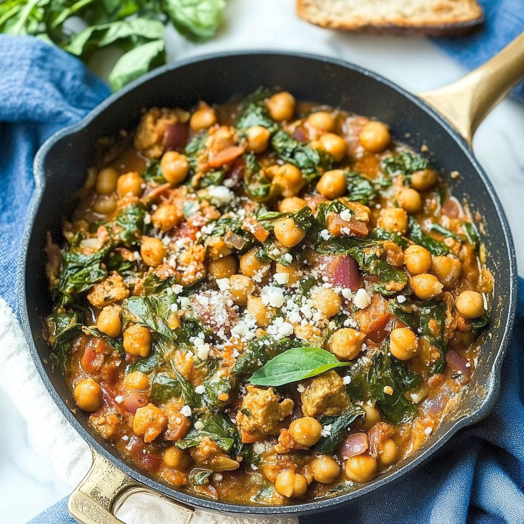 Recipe preparation for 30 minute Mediterranean Chickpea & Spinach Skillet