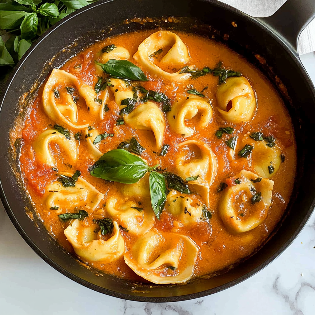 Recipe preparation for Creamy Tomato Basil Tortellini Soup