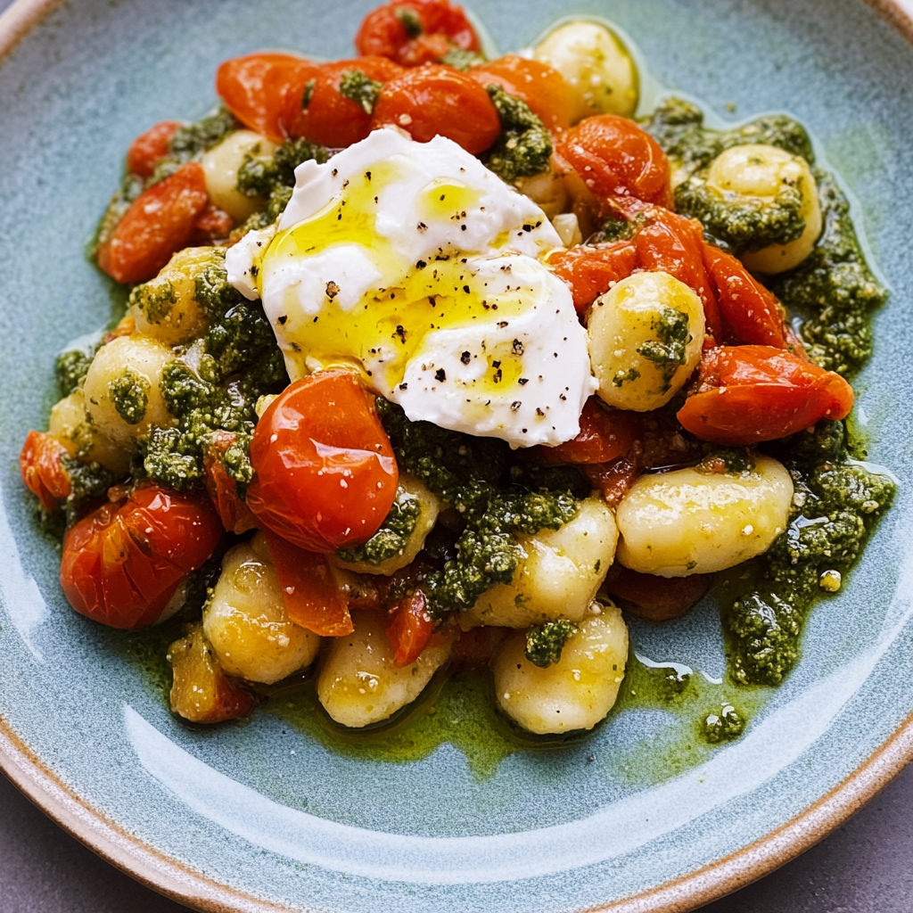 Recipe preparation for 30 minute Pesto Burrata Gnocchi with Cherry Tomatoes