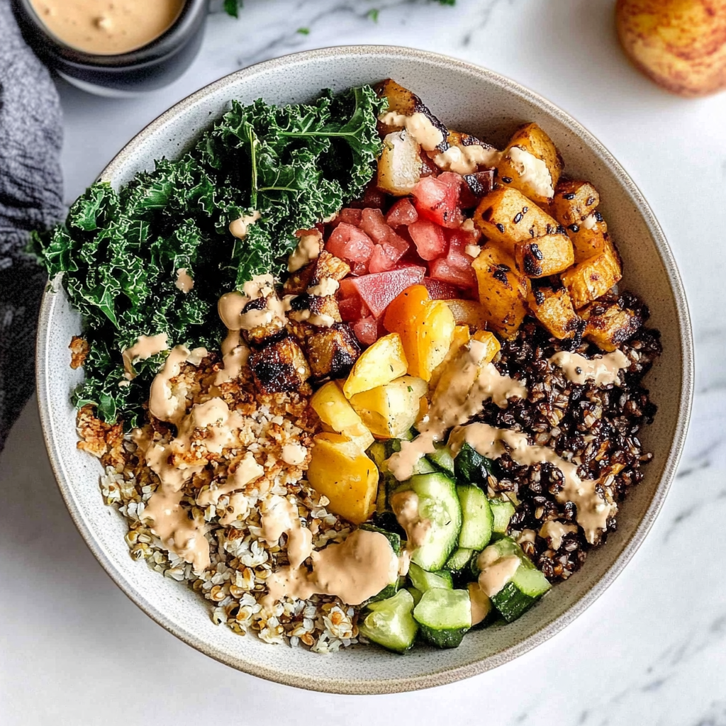 Recipe preparation for harvest grain bowl with roasted veggies and kale