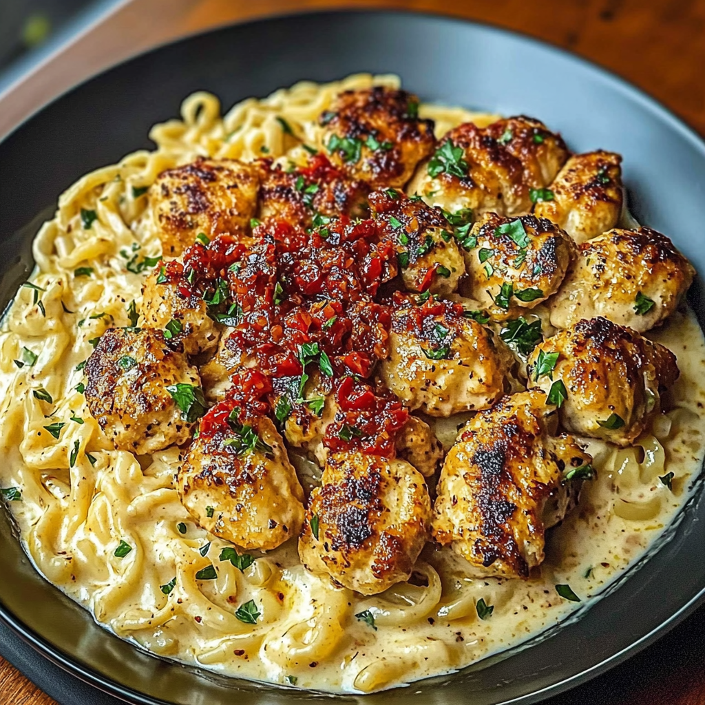 Recipe preparation for Garlic Butter Chicken Bites & Spicy Cajun Alfredo Recipe