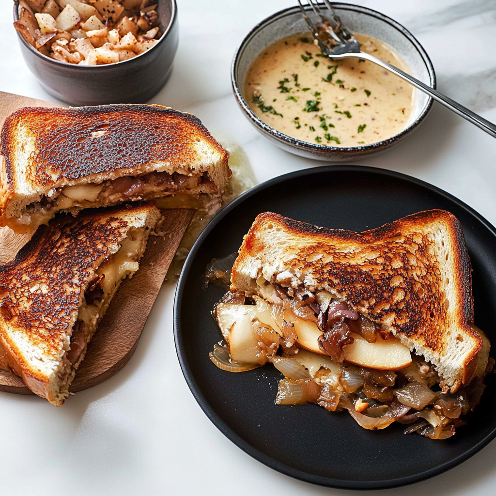 Recipe preparation for caramelized onion and apple grilled cheese