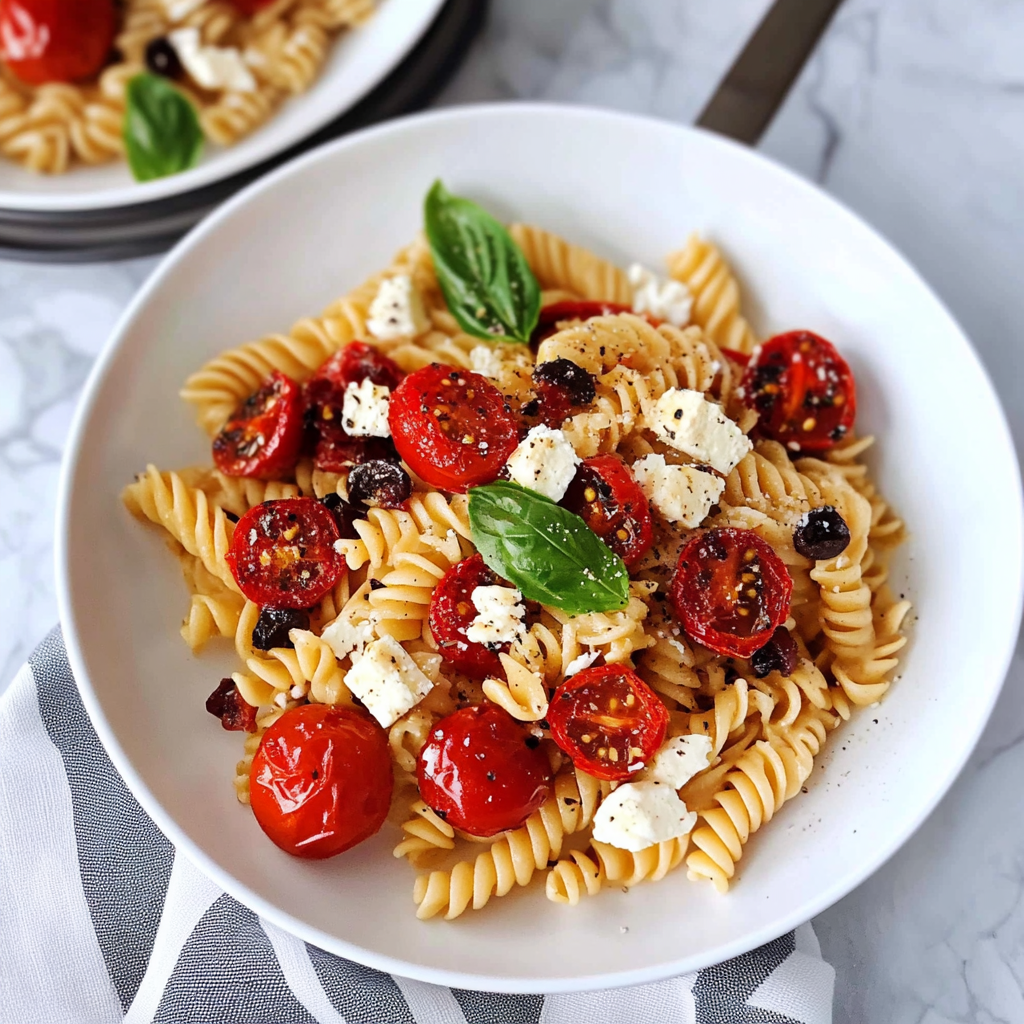 Recipe preparation for baked feta pasta with roasted tomatoes