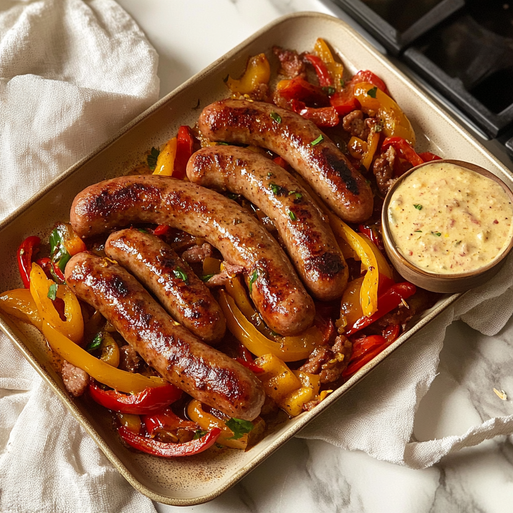 Recipe preparation for sheet-pan sausage and peppers with apples