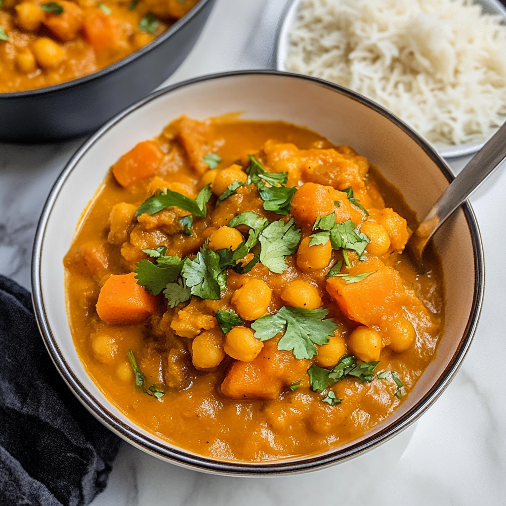 Recipe preparation for sweet potato curry with chickpeas