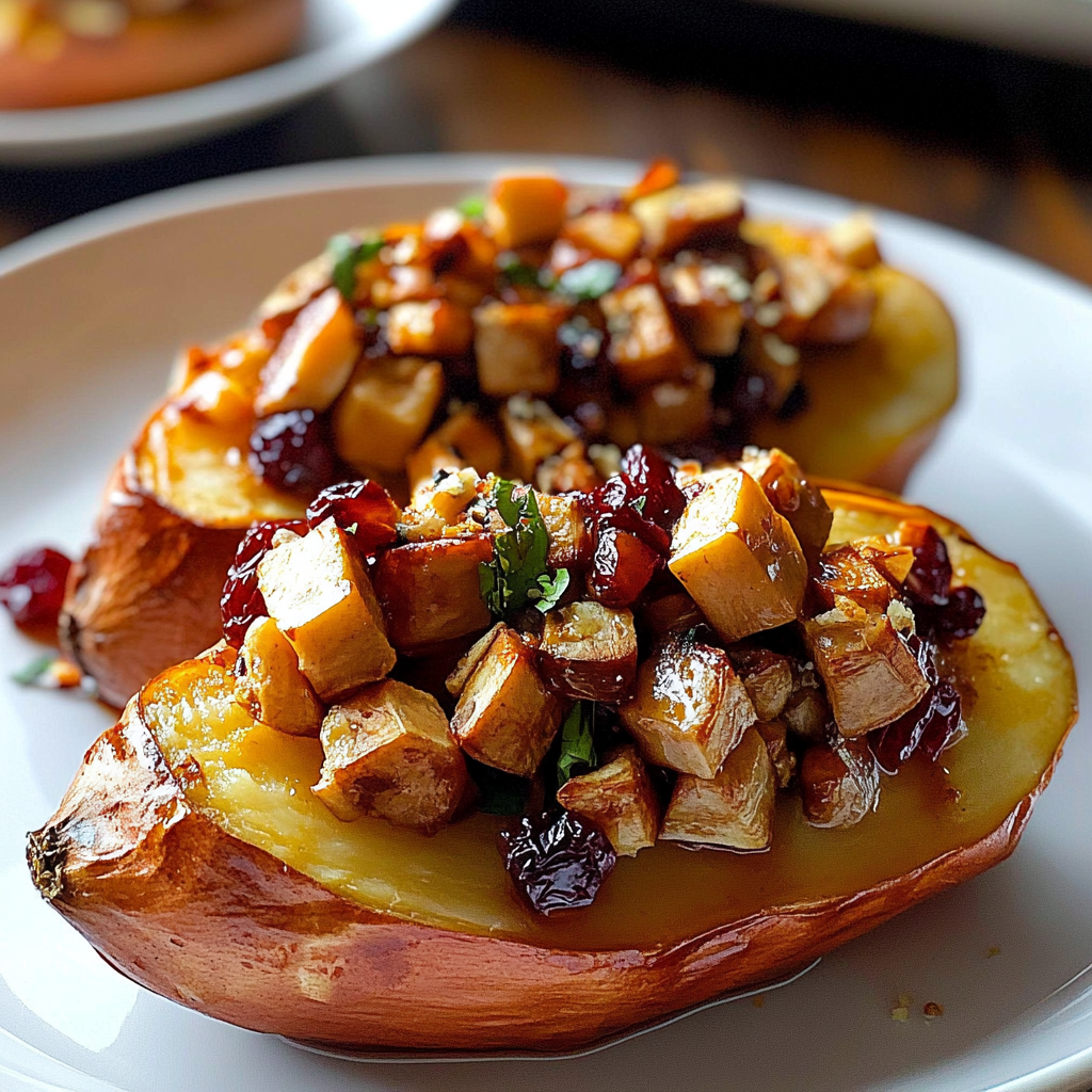 Recipe preparation for cranberry apple twice-baked sweet potatoes