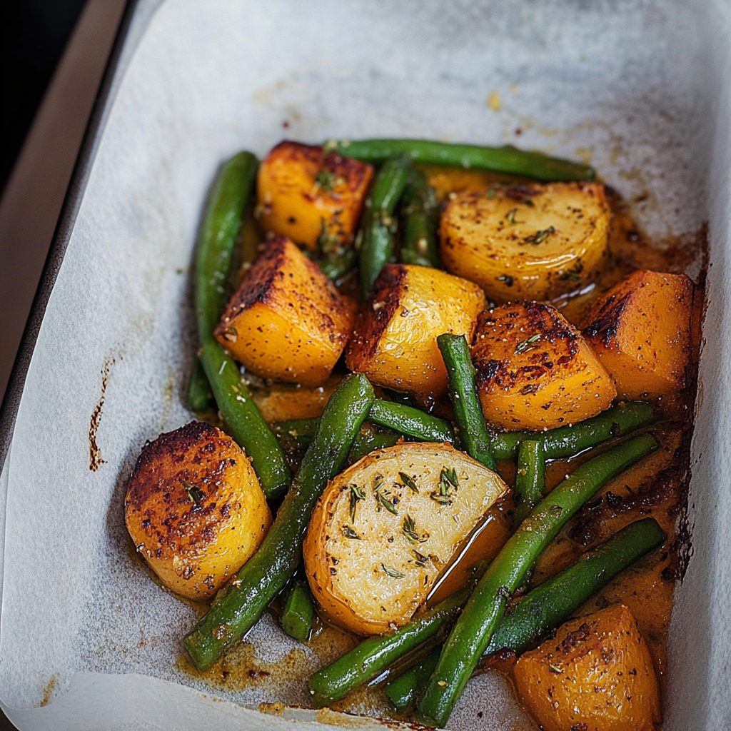 Recipe preparation for Sweet Potato & Green Bean Tray Bake