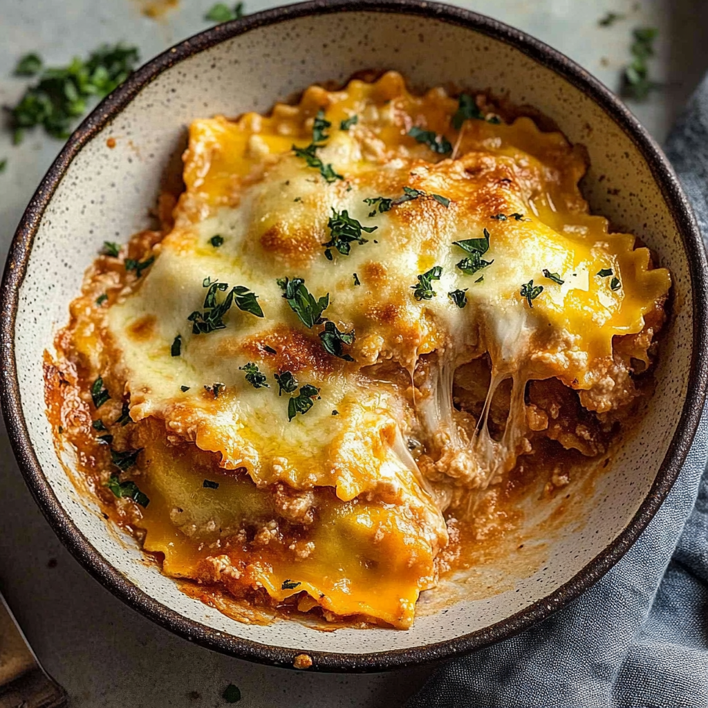 Recipe preparation for Cheesy Million Dollar Ravioli Casserole