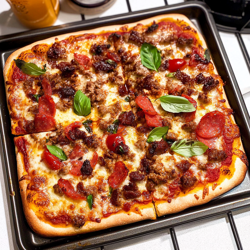 Recipe preparation for Sheet Pan Meat Lovers Pizza