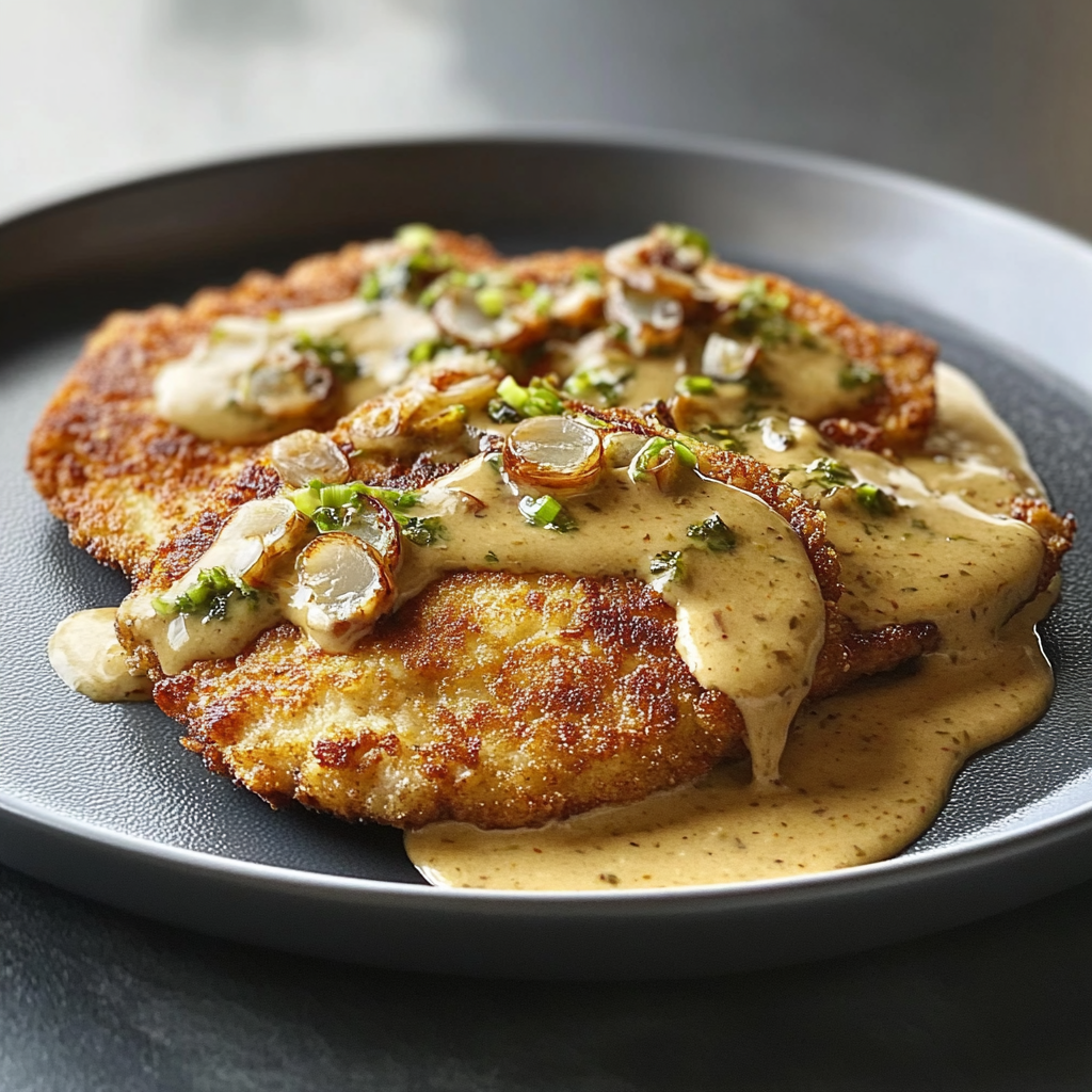 Recipe preparation for Crispy German Schnitzel with Fondue Schnitzel Sauce
