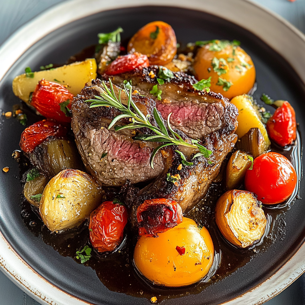 Recipe preparation for Succulent lamb steak and veg sheet pan meal recipe