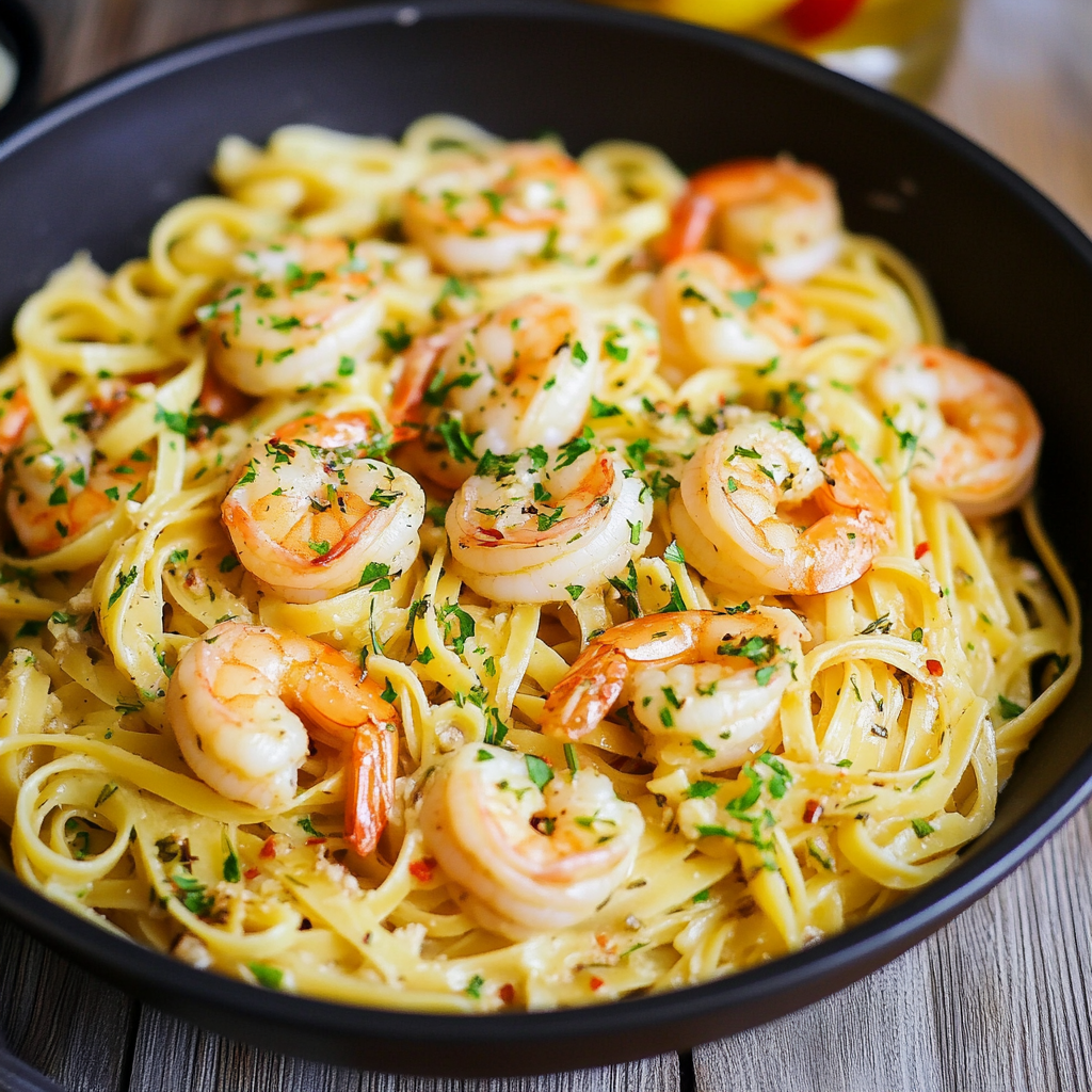 Recipe preparation for Lemon Fettuccine with Garlic Shrimp