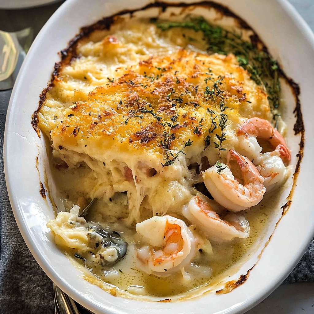 Recipe preparation for Shrimp and Crab Au Gratin – Seafood Main Dish