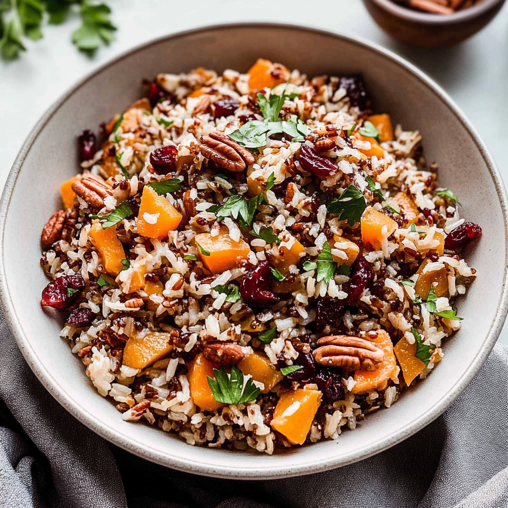 Recipe preparation for Cranberry Pecan Sweet Potato Wild Rice Pilaf