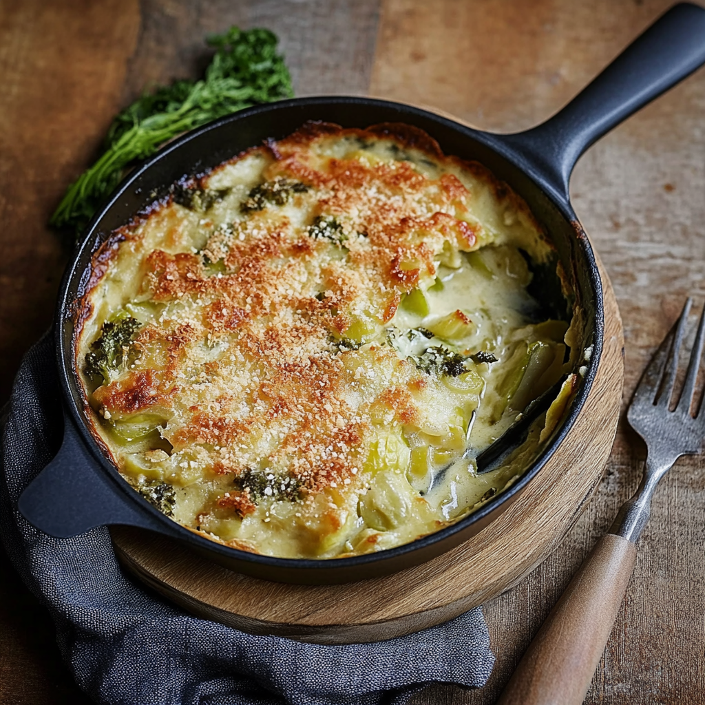 Recipe preparation for Watercress, Leek, Cheddar, and Sourdough Gratin