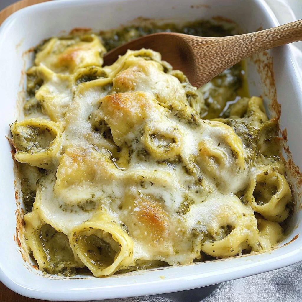 Recipe preparation for Creamy Pesto Tortellini Bake With Mozzarella