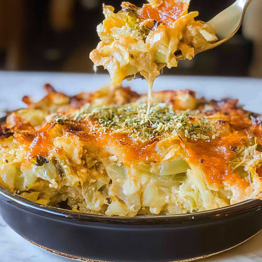 Recipe preparation for Cheesy Cabbage Casserole with Cracker Topping