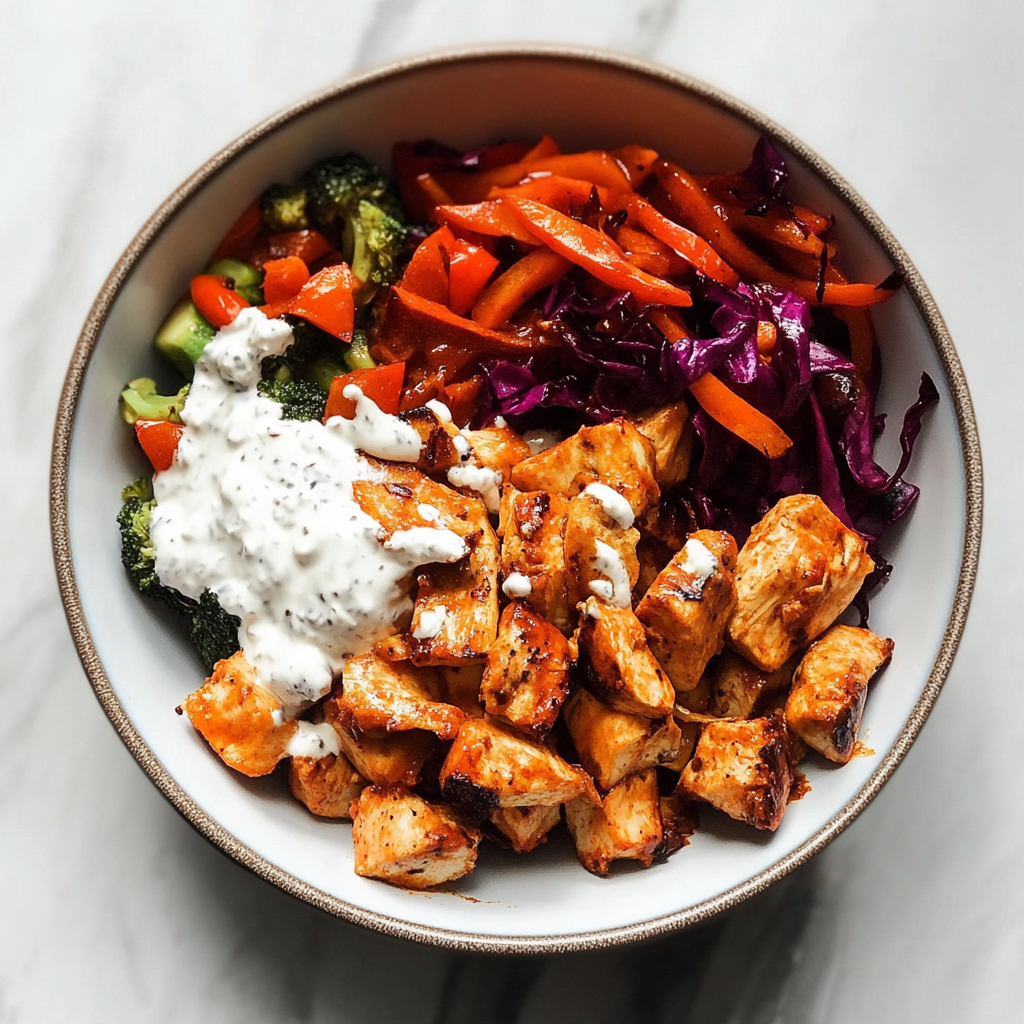Recipe preparation for Spicy Chicken and Roasted Vegetable Bowls