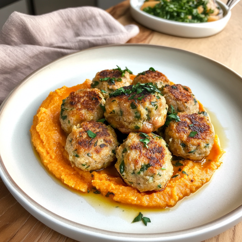 Recipe preparation for Pork Meatballs with Sweet Potato Mash & Bourbon-Maple Sauce