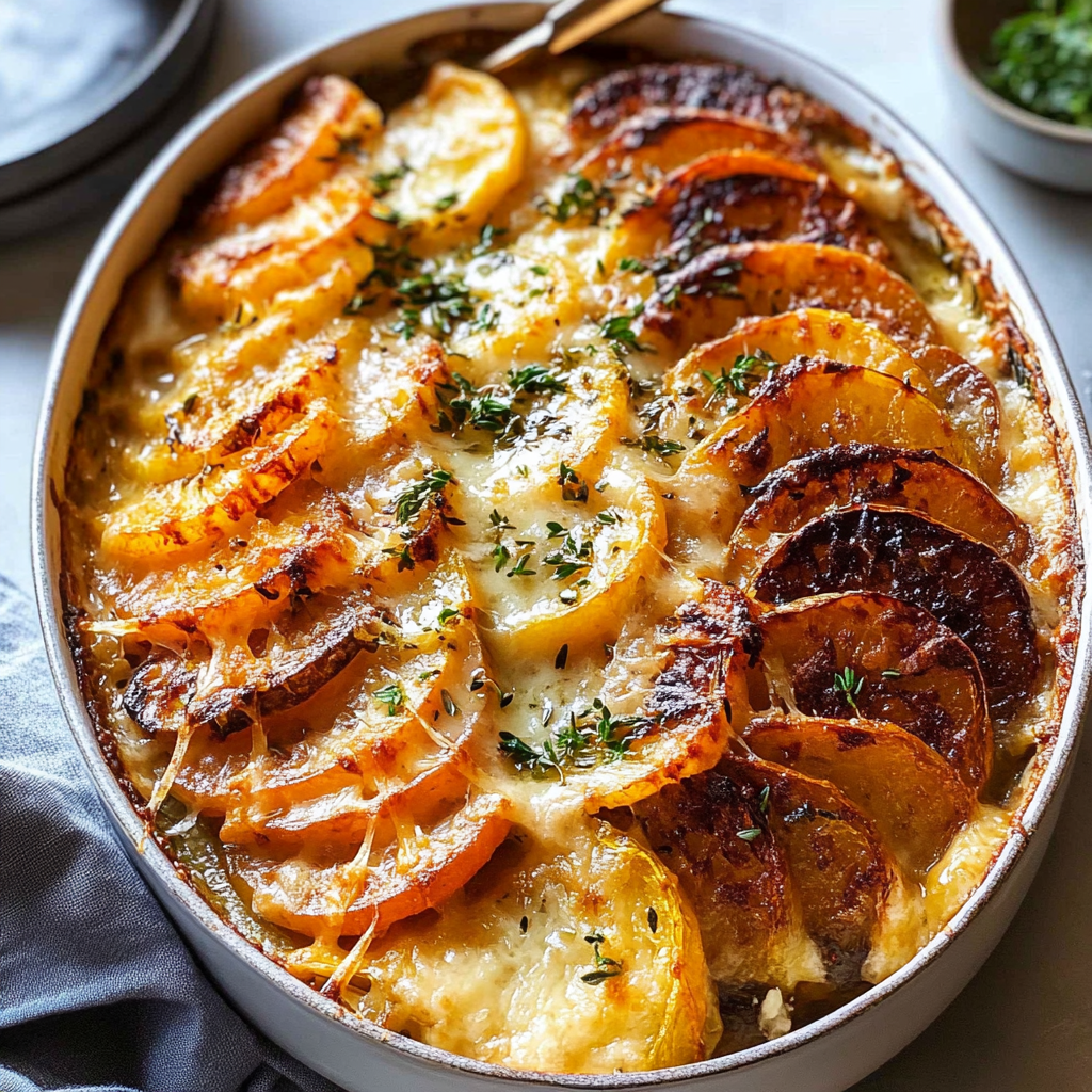 Recipe preparation for cheesy root vegetable gratin