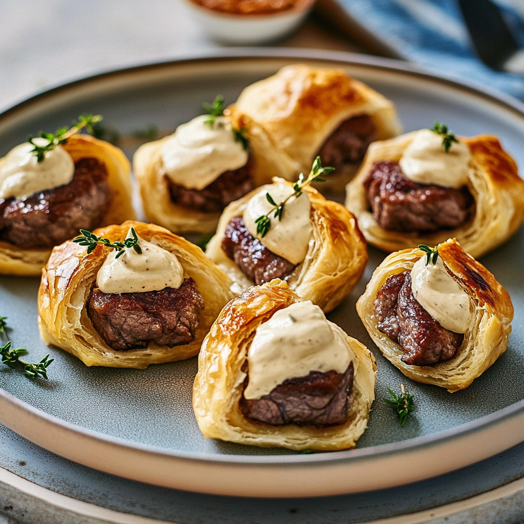 Recipe preparation for Beef Wellington Bites with Horseradish Cream