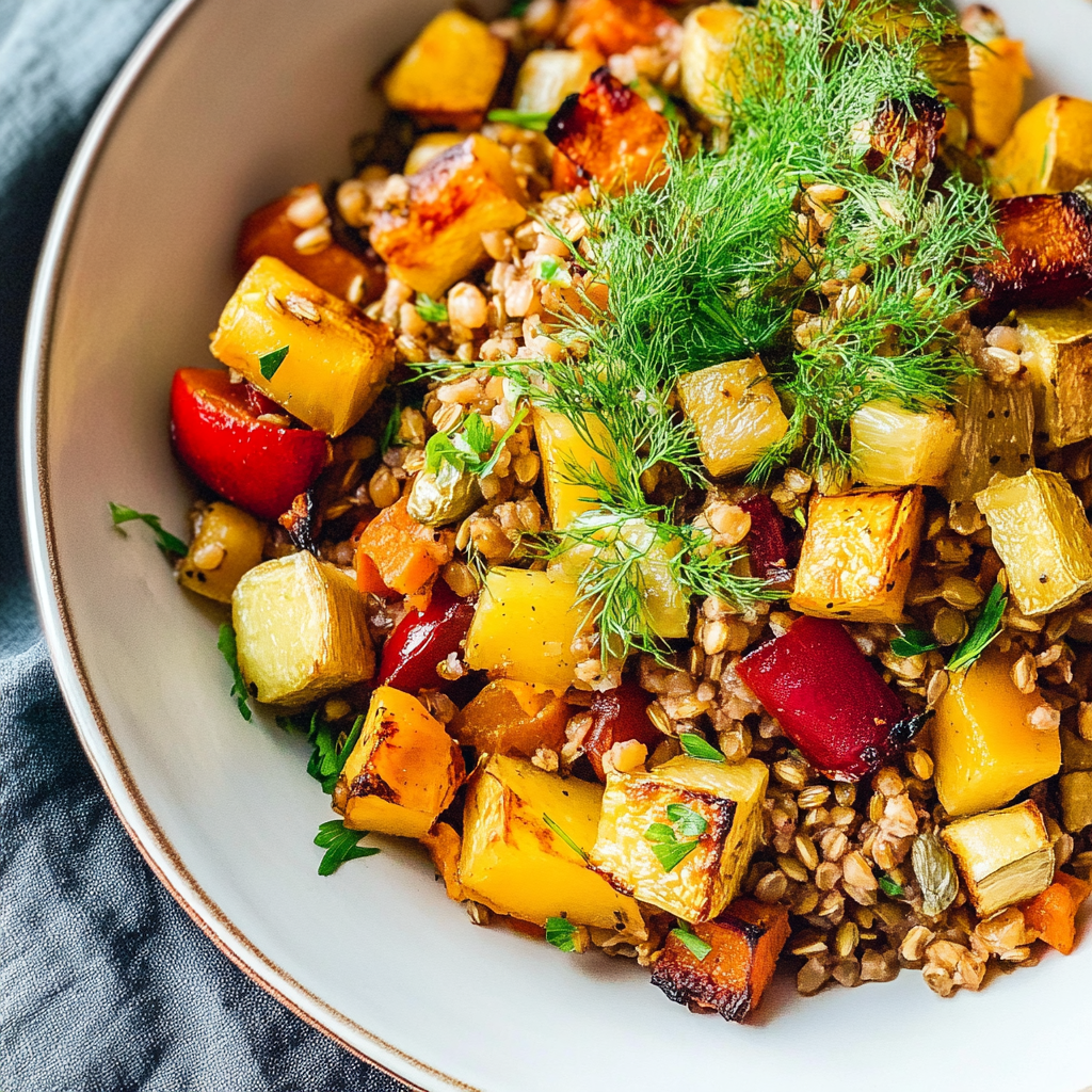 Recipe preparation for Warm Farro Bowl with Roasted Root Vegetables