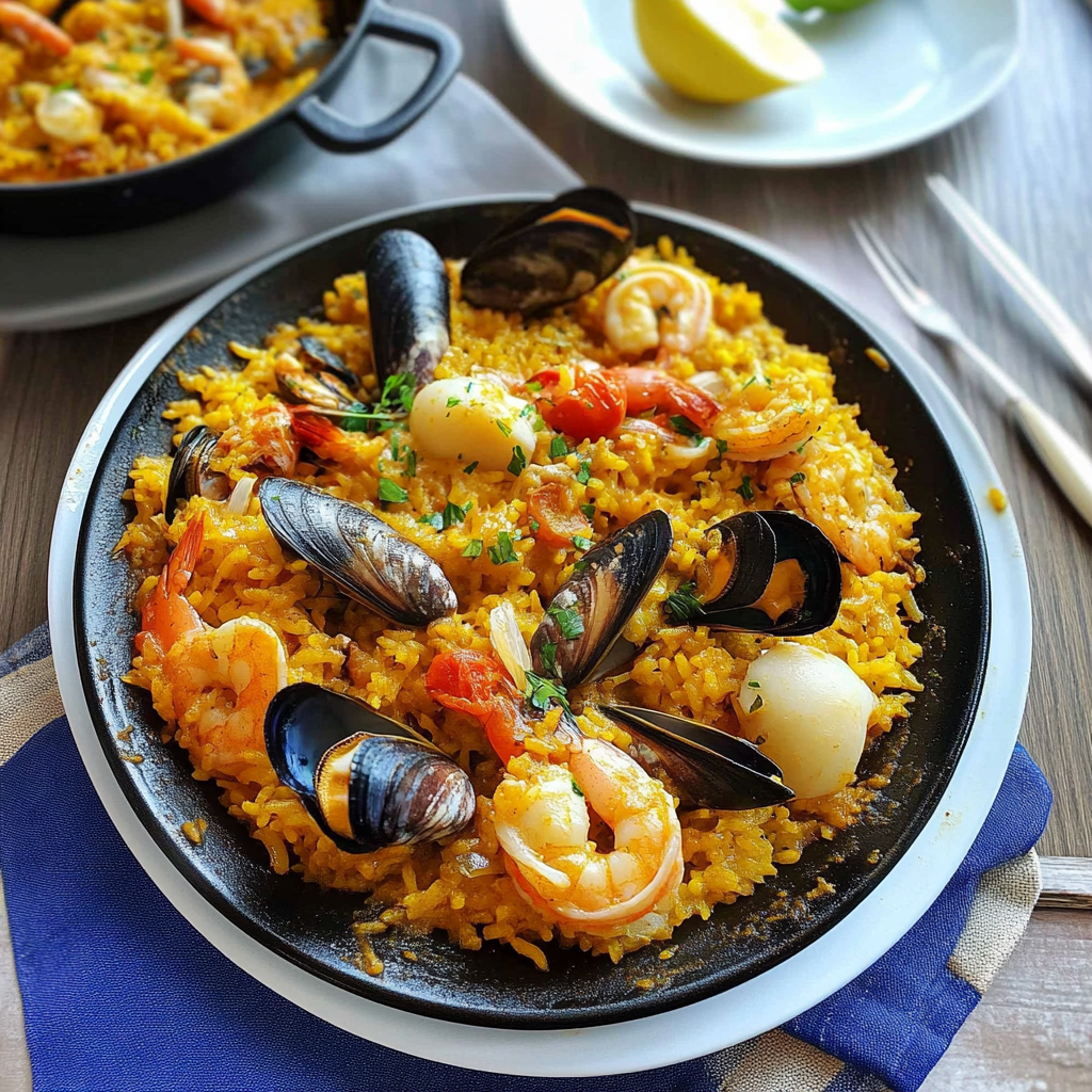 Recipe preparation for Seafood Paella with Saffron Rice