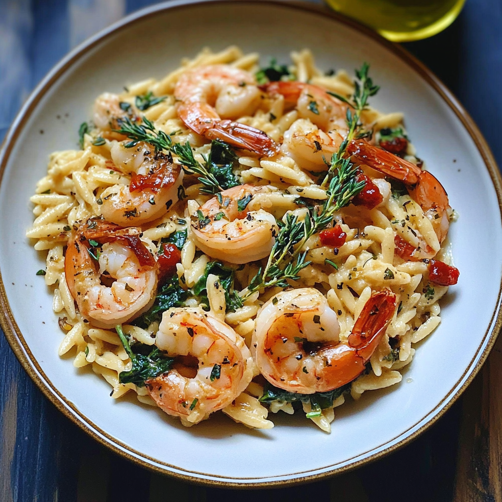 Recipe preparation for Garlic Butter Shrimp with Orzo and Spinach
