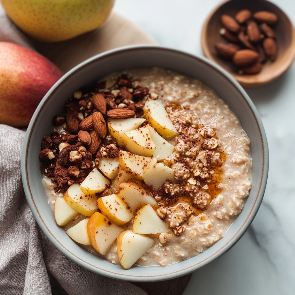 Recipe preparation for Chai-Spiced Pear Oatmeal with Toasted Almonds