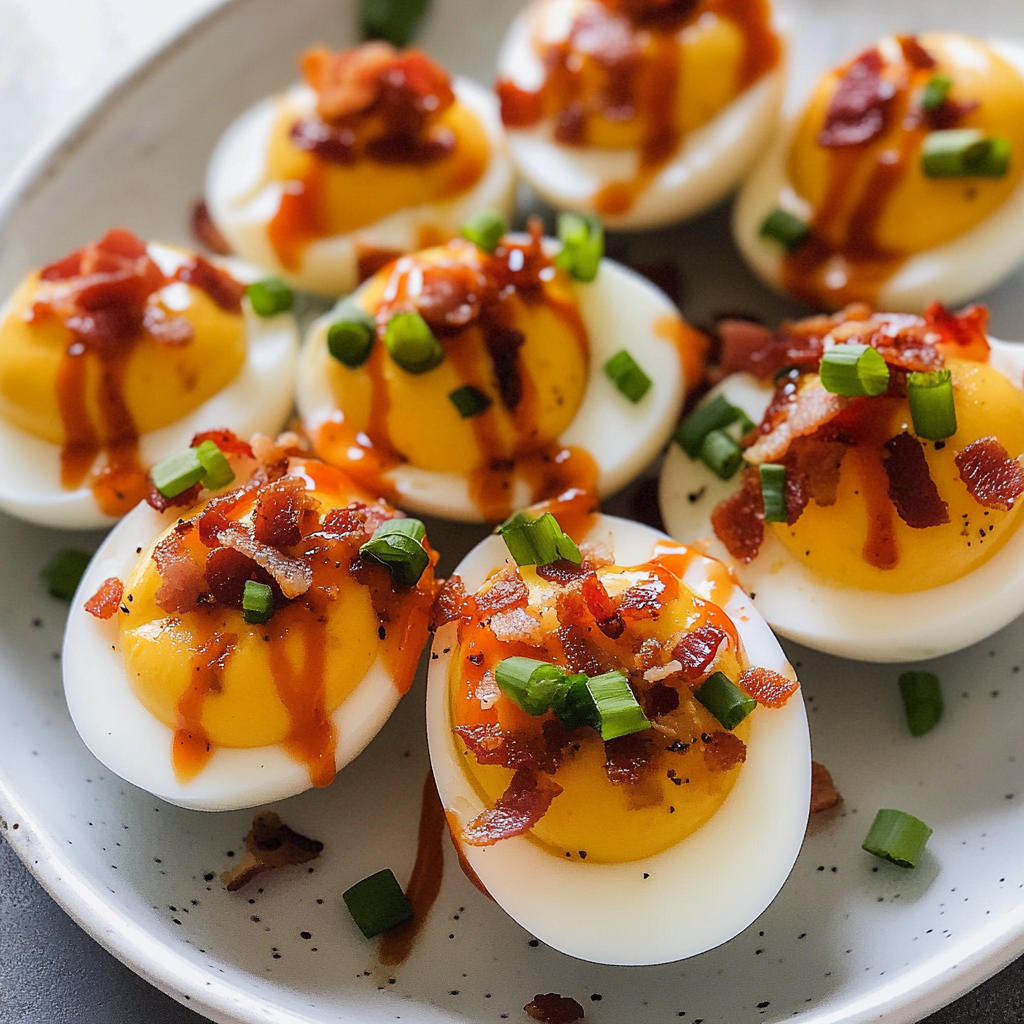 Recipe preparation for Sriracha Deviled Eggs with Bacon