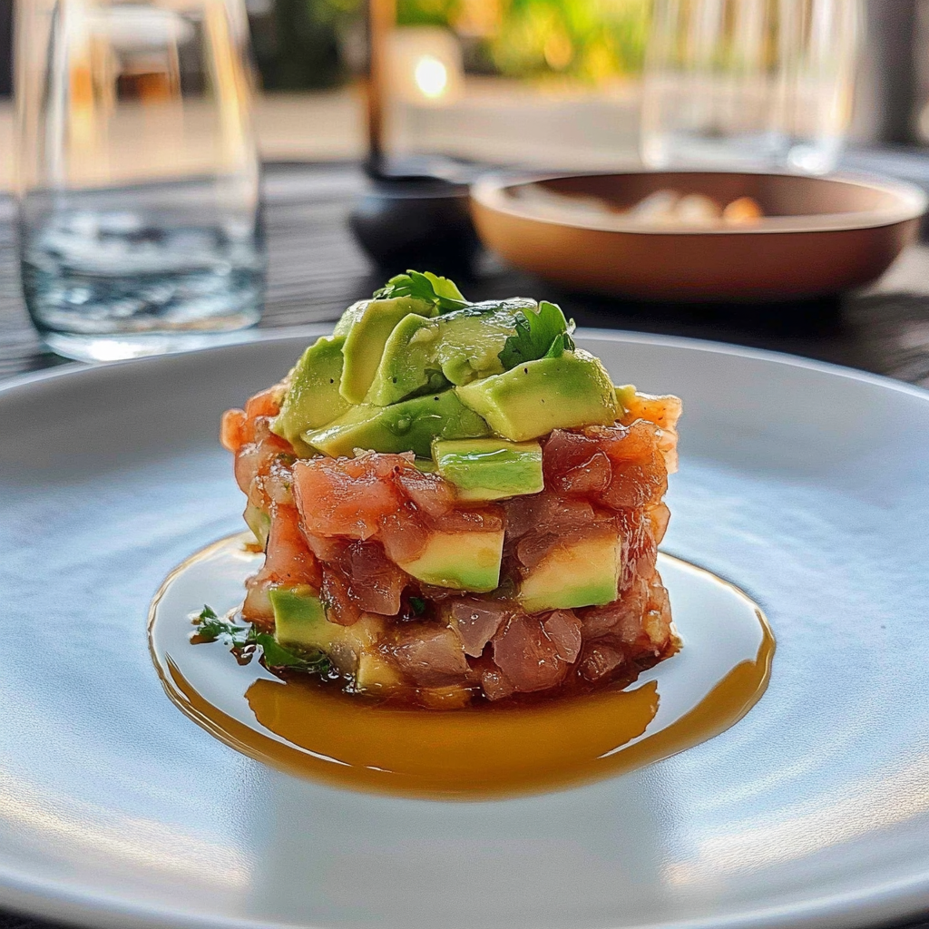 Recipe preparation for Tuna Tartare with Avocado and Soy-Ginger Reduction