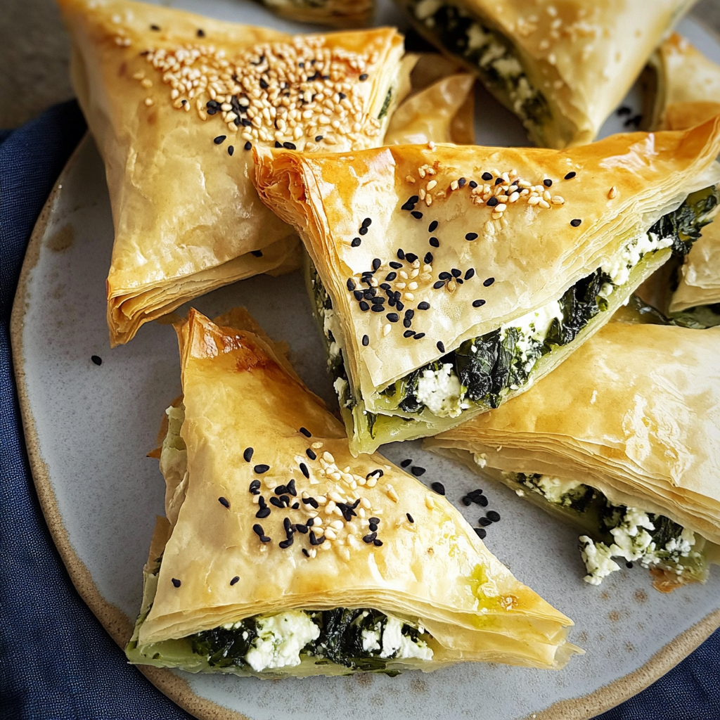 Recipe preparation for Spinach and Feta Phyllo Triangles (Healthy Baked Spanakopita)