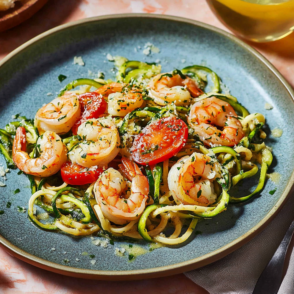 Recipe preparation for Zucchini Noodle Shrimp Scampi with Roasted Tomatoes