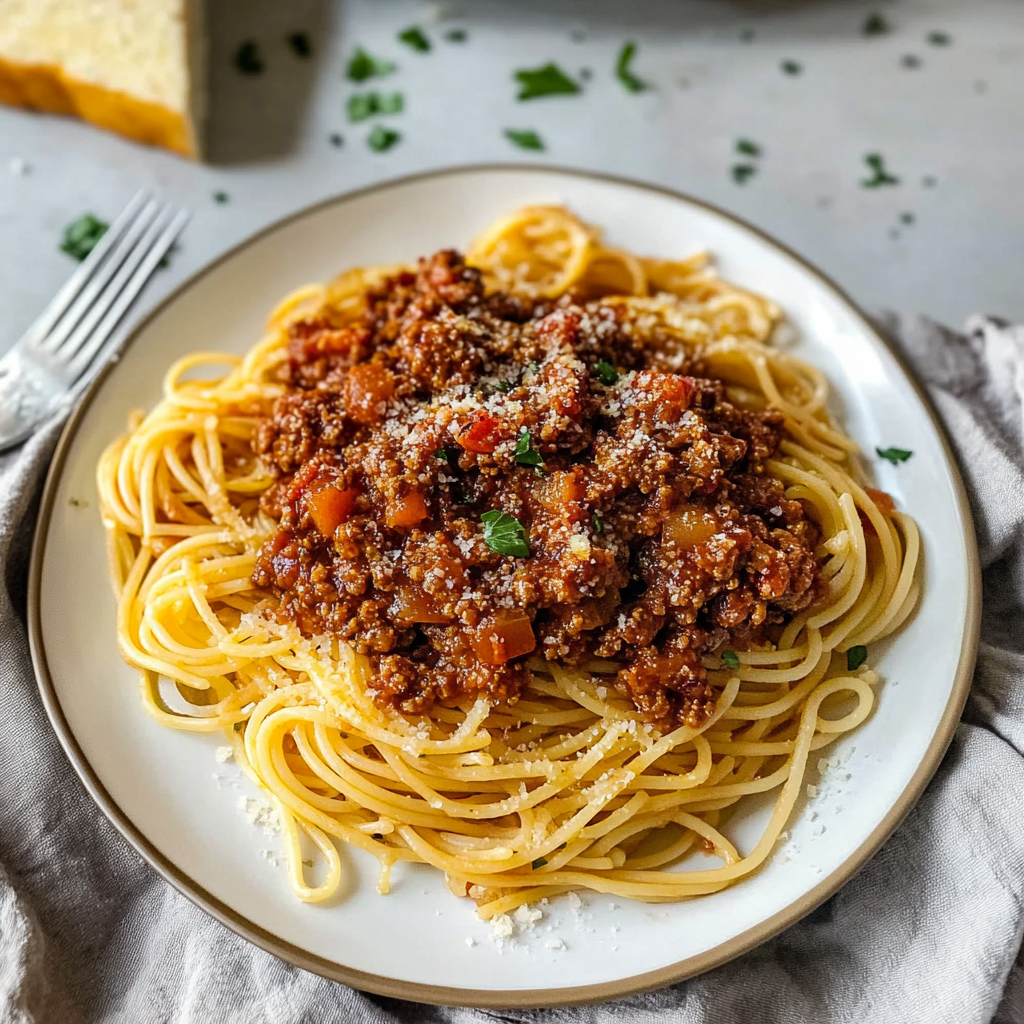 Recipe preparation for Beef and Lentil Bolognese over Whole Wheat Pasta