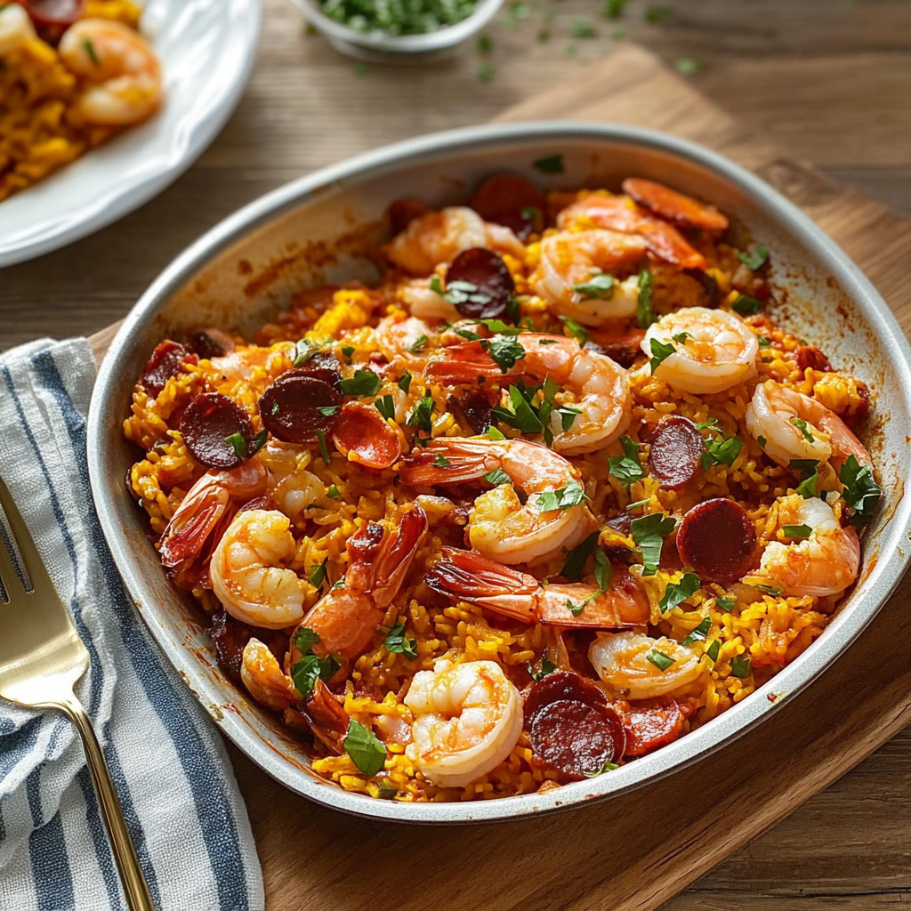 Recipe preparation for Sheet Pan Shrimp & Chorizo Paella-Style Bake