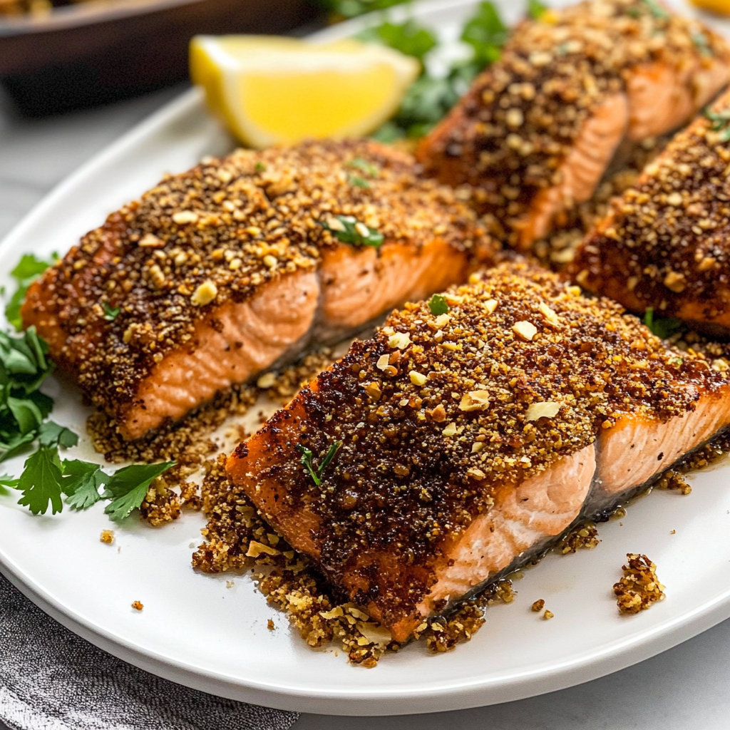 Recipe preparation for Pecan Crusted Salmon